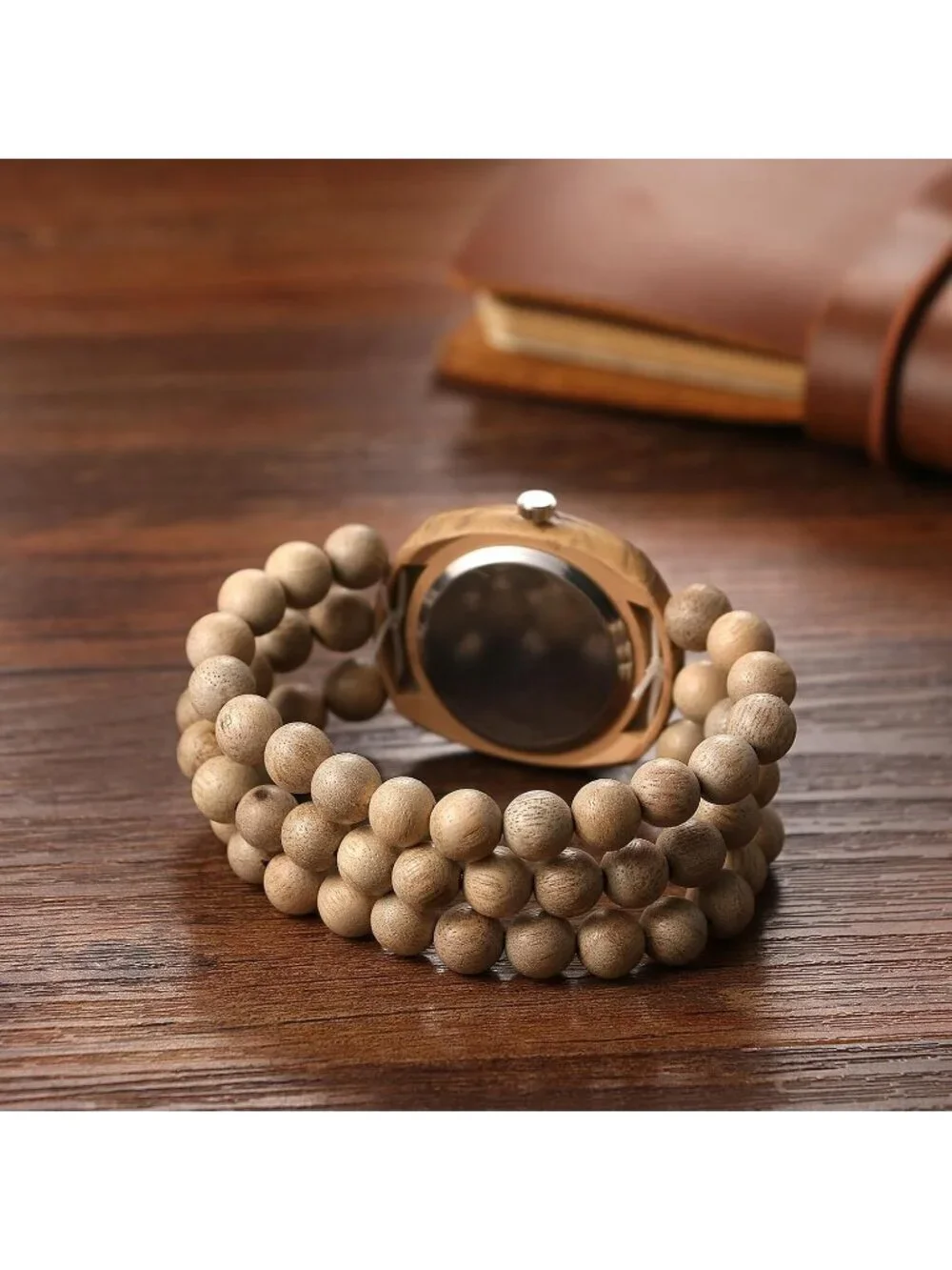 Women's Beige Analog Quartz Buddhist Beaded Bracelet Elastic Wrist Wooden Watch